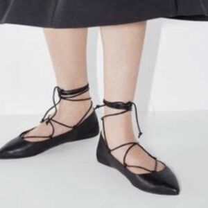 Zara Snakeskin Print Black Pointed Toe Ballet Flats Lace Up Straps Size 8.5